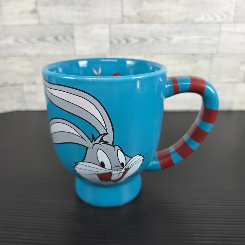 Six Flags Looney Tunes Bugs Bunny‎ Blue Striped Handle Coffee Mug Souvenir Cup